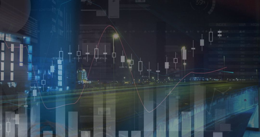 Financial Data Analysis Overlay on Cityscape Background