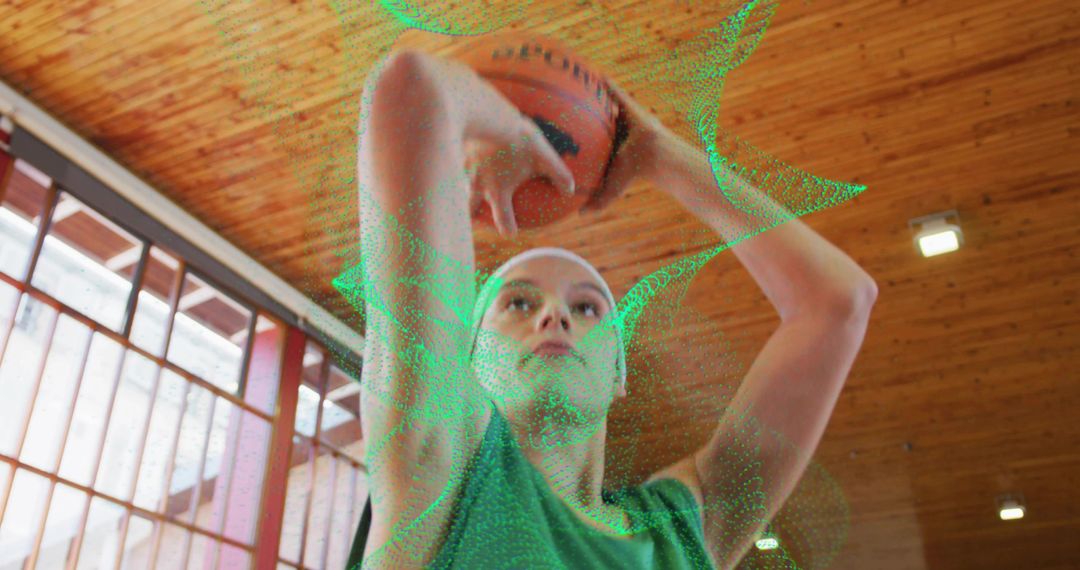 Basketball Player Shooting in Gym with Dynamic Mesh Overlay