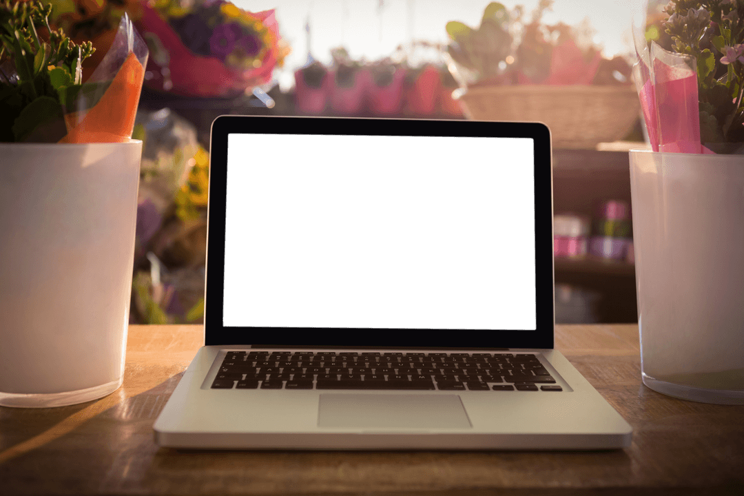 Transparent Laptop on Wooden Table with Flowers in Sunshine