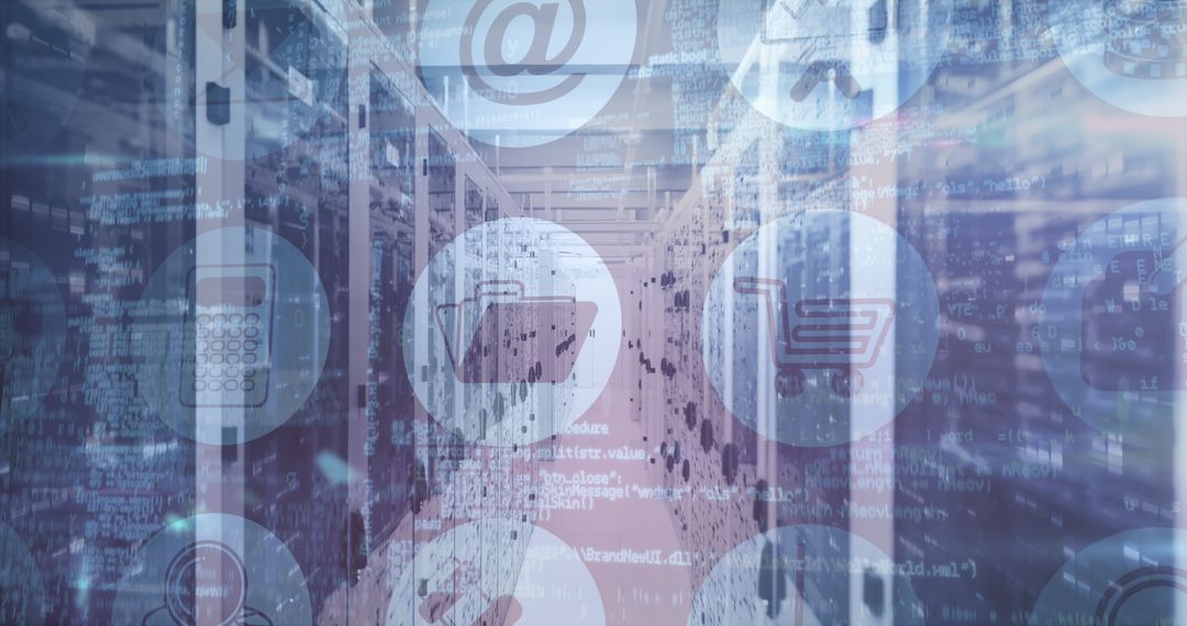 Digital Icons Superimposed on Futuristic Server Room