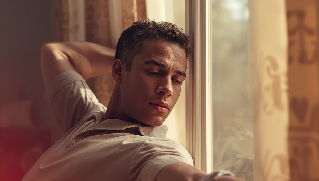 Man in Beige Shirt Relaxing by Window in Natural Light