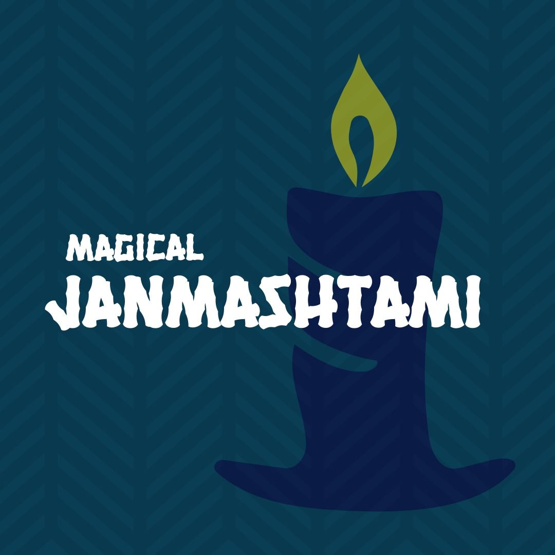 Magical Janmashtami Text Banner with Candle Icon on Blue Chevron Background - Download Free Stock Templates Pikwizard.com