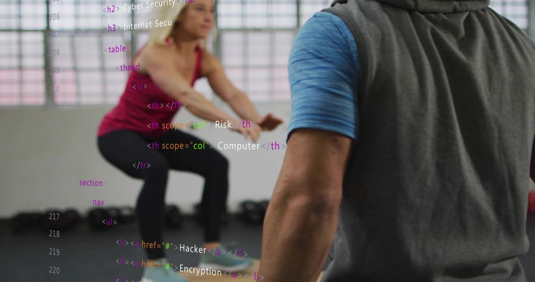 Female Athlete Performing Step Squats with Trainer and Digital Code Overlay in Gym