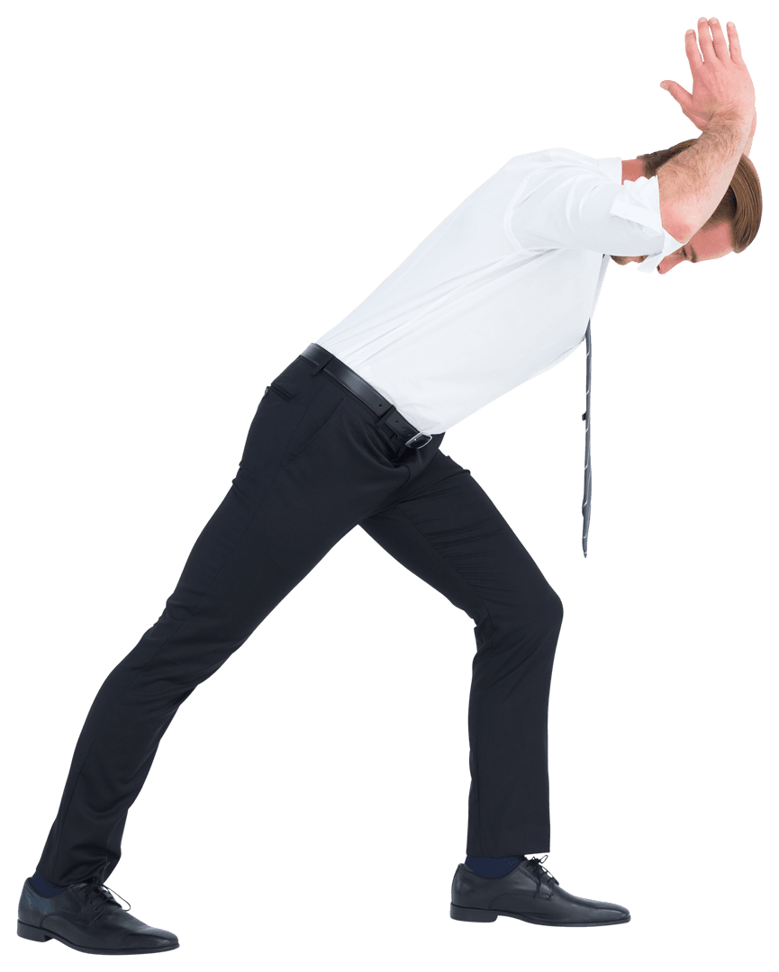 Transparent Businessman Bending in Dynamic Pushing Pose