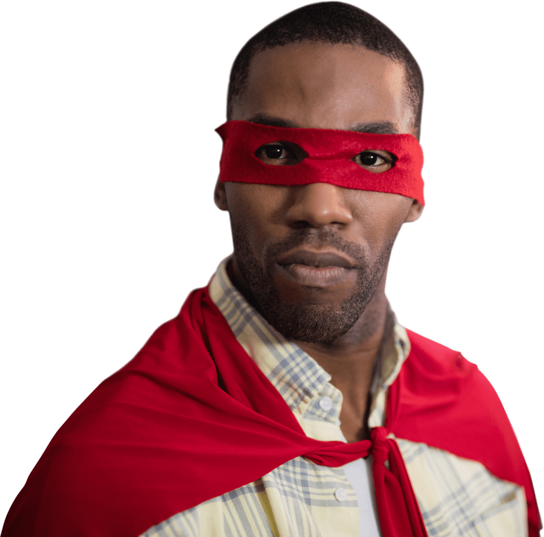 Portrait of Man in Red Mask Pretending to be Transparent Superhero