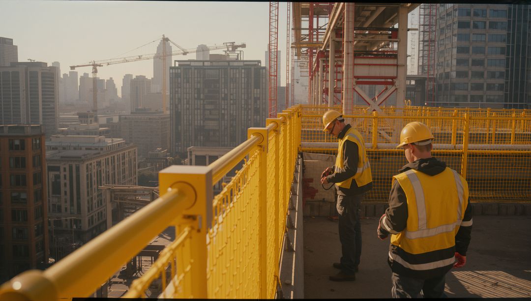 Construction Workers on High-Rise Building with Stunning Cityscape