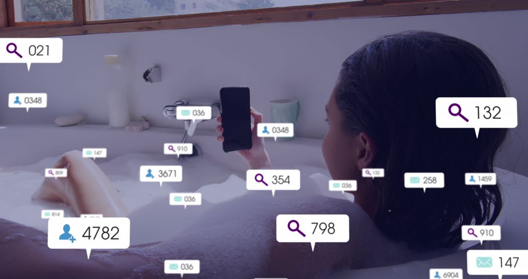 Woman with Smartphone in Bathtub Surrounded by Social Media Notifications