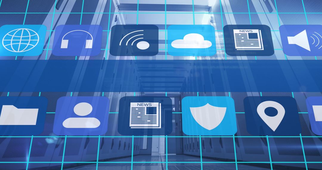 Digital Interface Icons Overlaying Modern Server Room