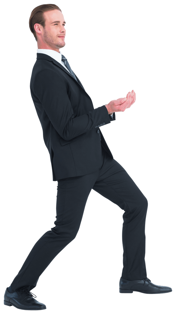 Transparent Businessman Happily Presenting with Gestures