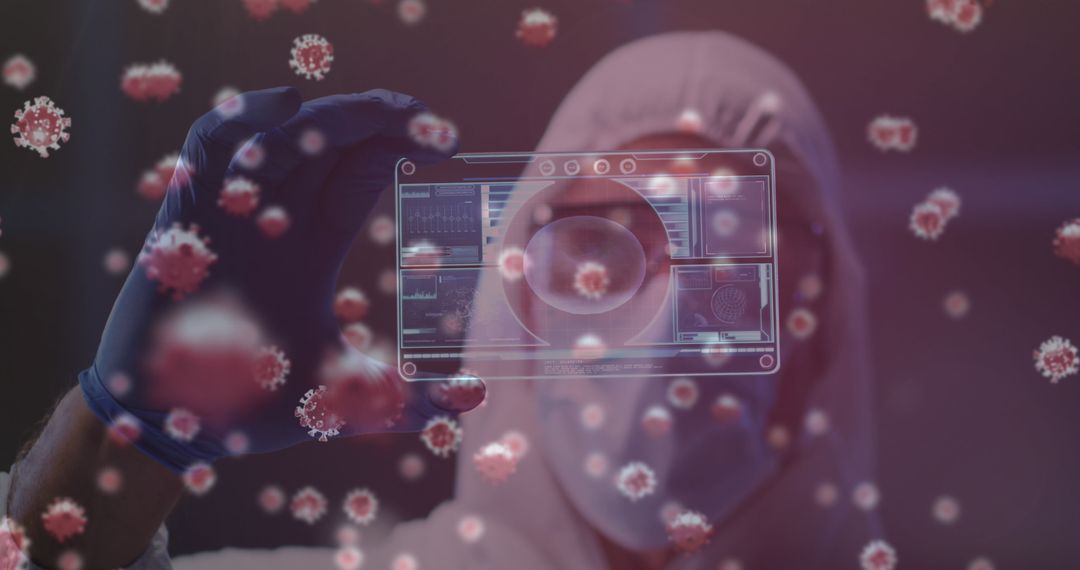 Scientist in Protective Suit Analyzing Virtual COVID-19 Data Display
