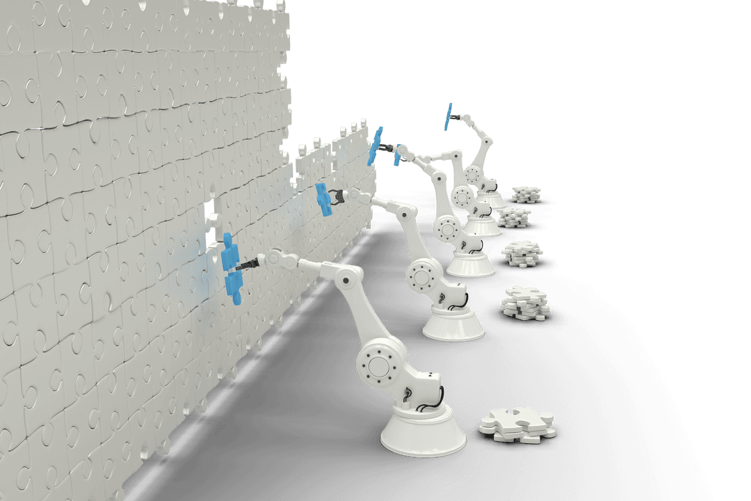 Transparent Robotic Arms Assembling Puzzle Pieces in Line