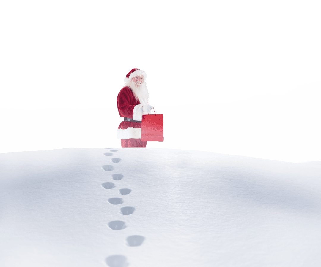 Santa Claus Walking with Gift Bag in Snow on Transparent Background
