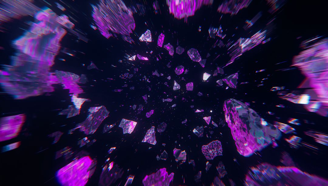 Crystalline Fragments Emanating Vibrant Purple Energy in Space