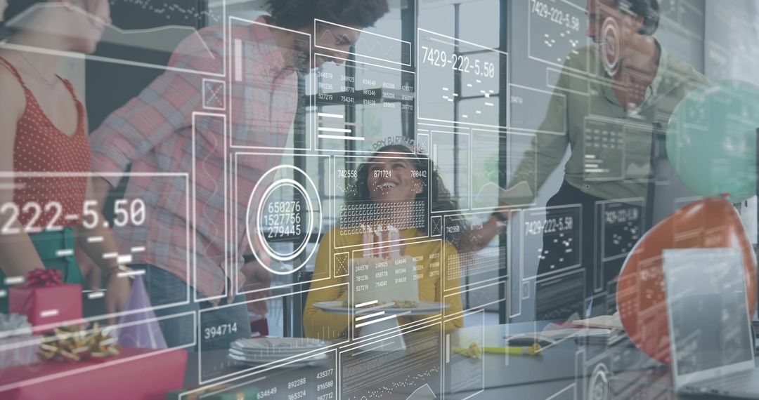 Colleagues Celebrating Coworker at Office Table with Modern Data Visualization Overlays