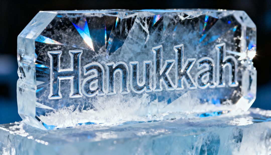 Hanukkah ice sculpture glowing with blue prism light and frosty texture