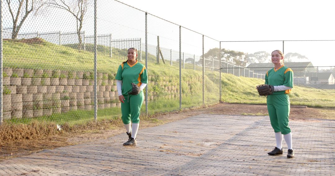Diverse Softball Teammates in Green and Yellow Uniforms