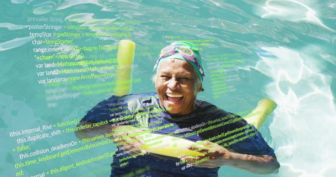 Senior Woman Enjoying Pool with Digital Data Overlay