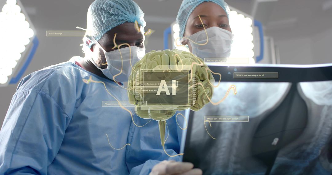 Surgeons Analyzing 3D Holographic Brain with AI Technology in Operating Room