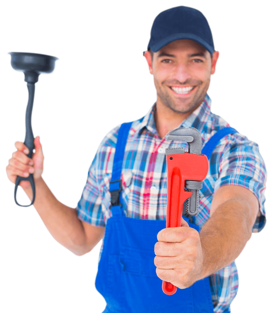 Cheerful Handyman in Blue Overalls Holding Tools with Transparent Background