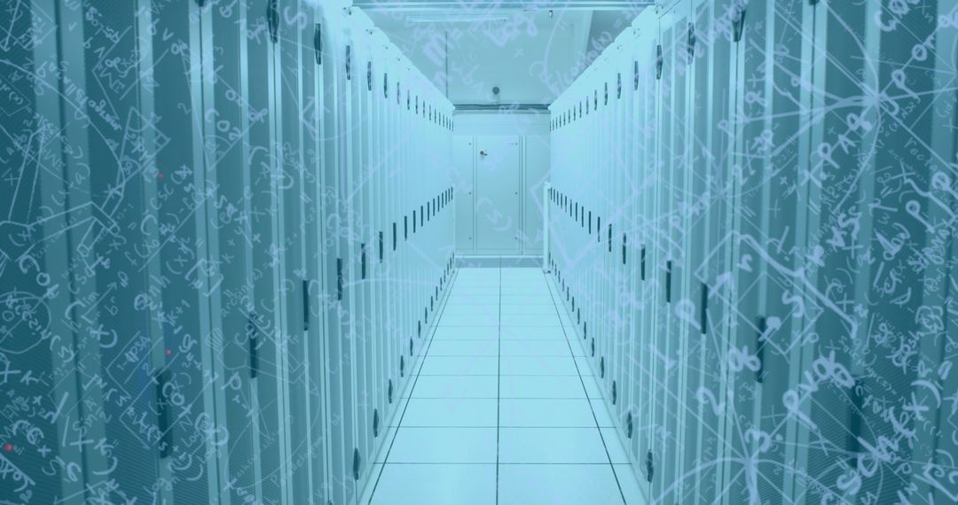 Futuristic Data Center Analogy with Digital Code Overlay