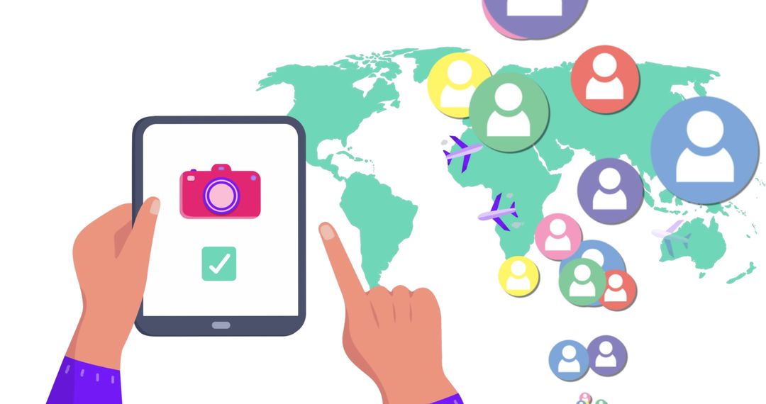 Hands Operating Tablet with Social Media Icons on World Map