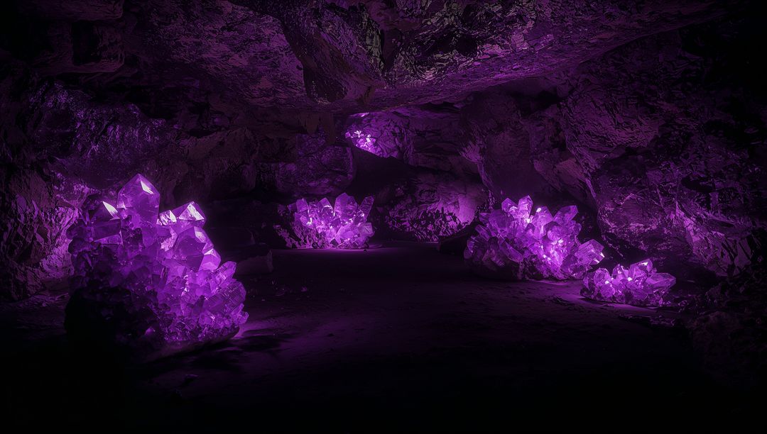 Amethyst clusters glowing inside dark cavern casting violet light across rocky walls, floor