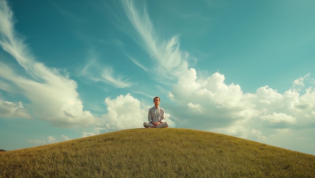 Person Meditating on Hilltop Under Cloudy Sky