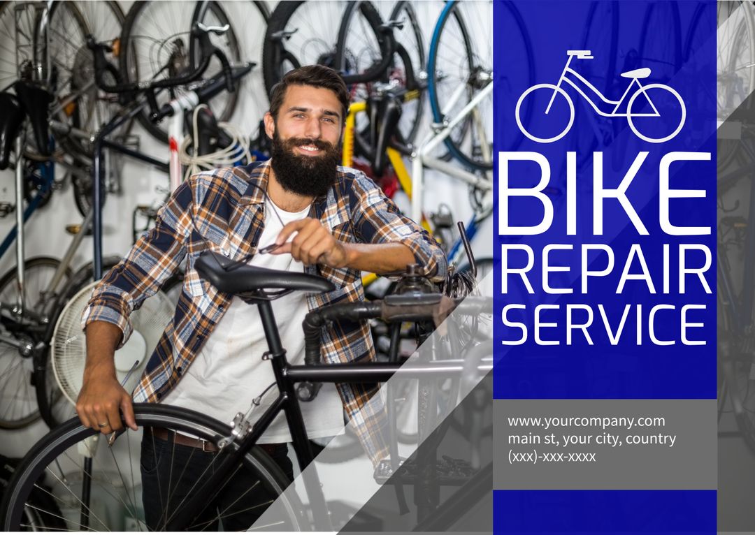 Smiling Bicycle Mechanic in Workshop with Repair Services Signage