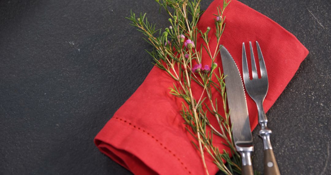 Top View of Silverware on Red Napkin with Green Sprig - Free Images, Stock Photos and Pictures on Pikwizard.com