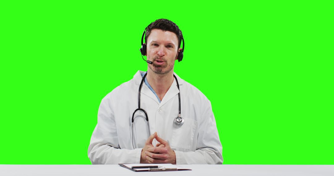 Male Doctor Using Headset for Telemedicine Consultation on Green Screen - Free Images, Stock Photos and Pictures on Pikwizard.com