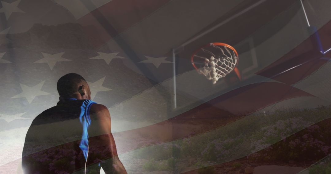 Afro-American Basketball Player Practicing with American Flag Overlay