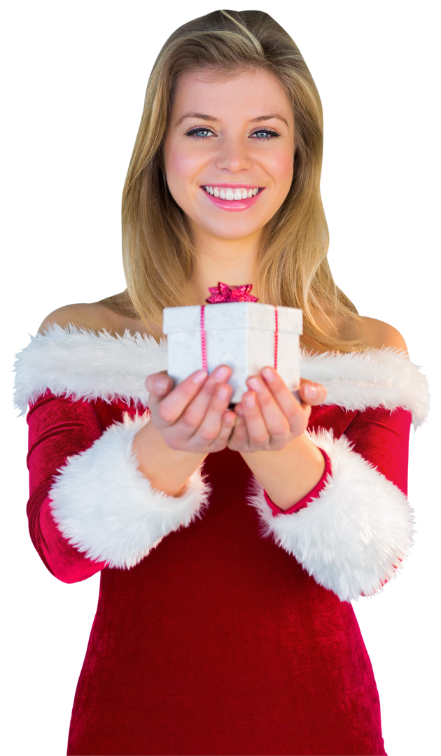 Smiling Woman in Santa Outfit Holding Transparent Gift Box - Download Free Stock Images Pikwizard.com