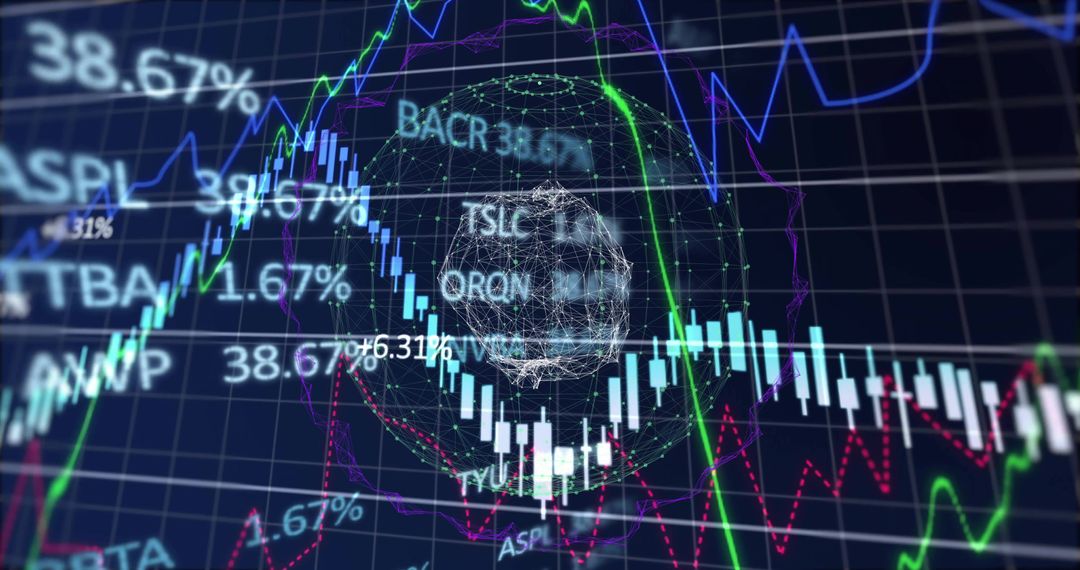 Candlestick Market Dashboard with Wireframe Globe and Neural Network Data Visualization