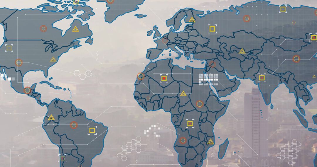Futuristic World Map with Digital Data Nodes and Urban Backdrop