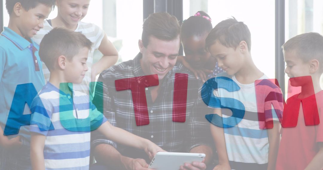 Teacher Using Tablet with Diverse Children in Inclusive Classroom