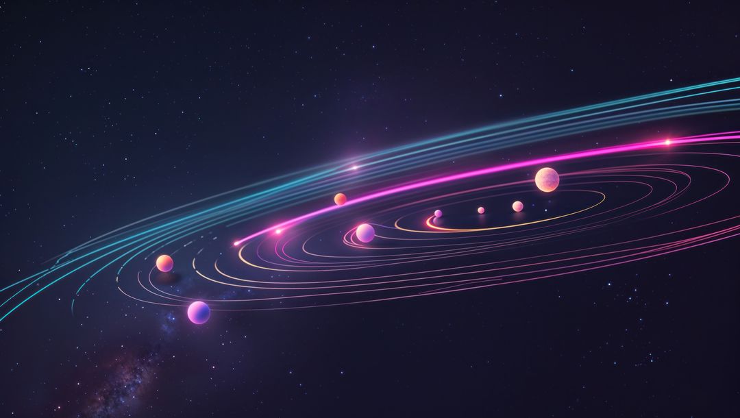 Futuristic Neon Planets Orbiting Luminous Star in Digital Space