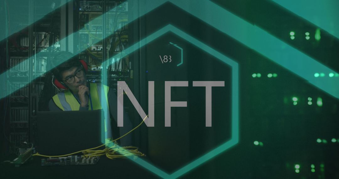 NFT Technology Concept with Worker in Server Room