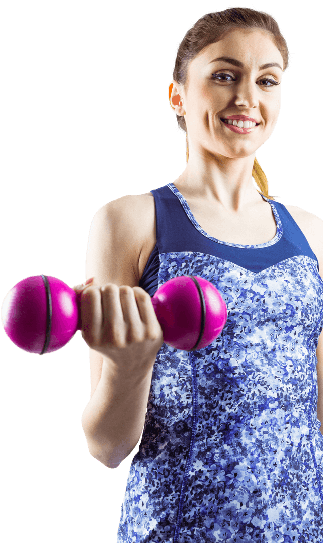 Smiling Woman Exercising with Pink Dumbbell on Transparent Background