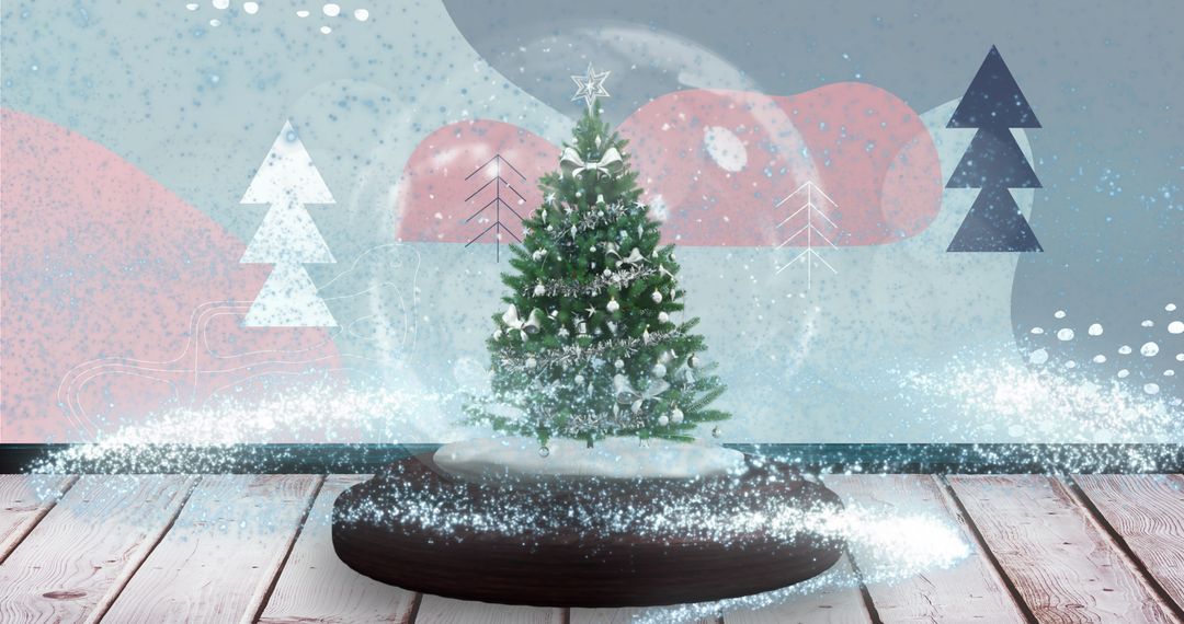 Sparkling Snow Globe with Christmas Tree on Wooden Surface - Free Images, Stock Photos and Pictures on Pikwizard.com