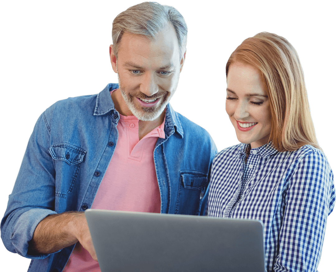 Smiling Professionals Using Laptop with Transparent Background