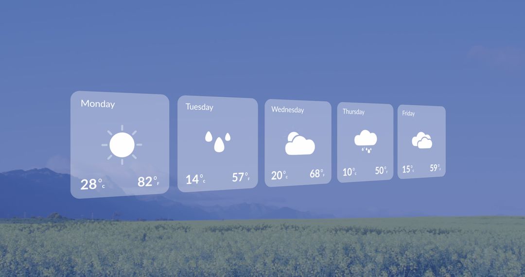 Digital Weather Forecast Display Over Scenic Landscape