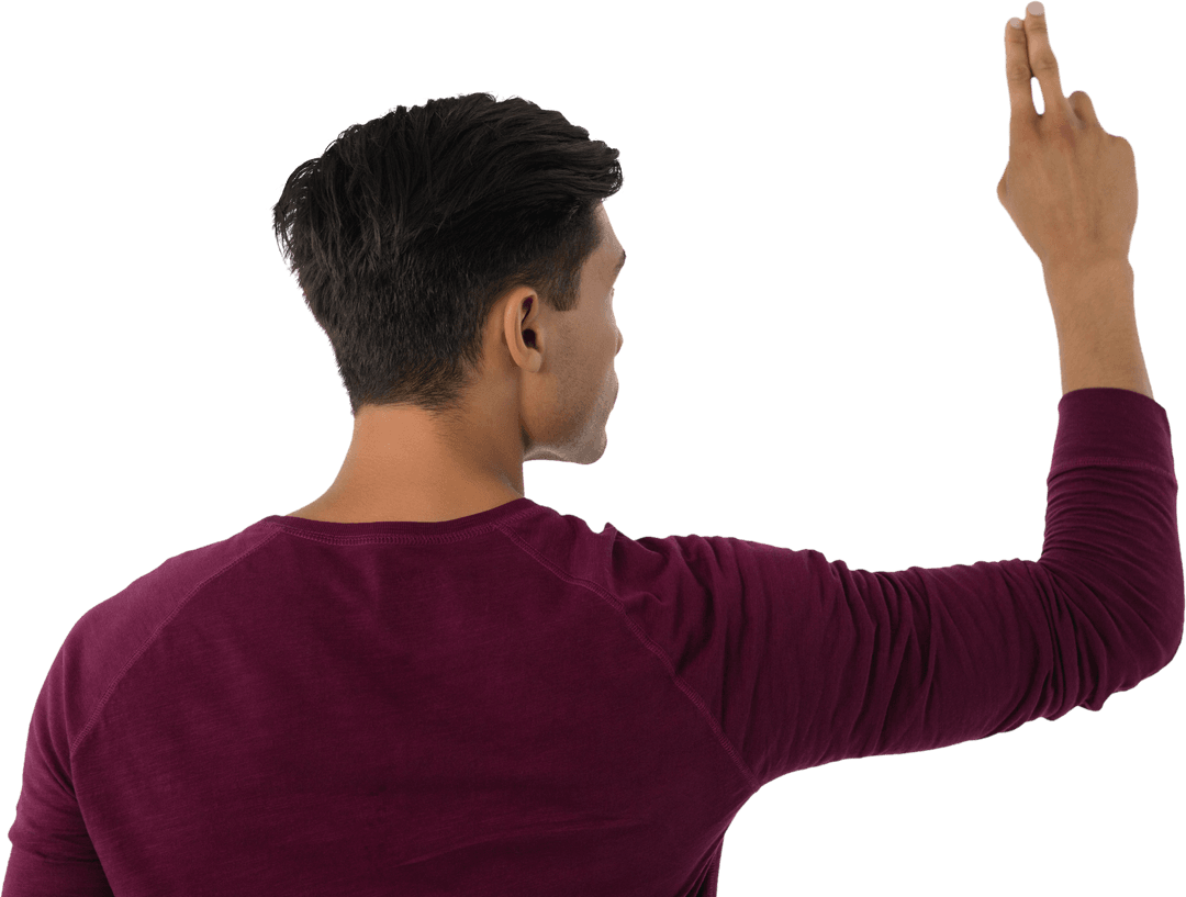 Rear View of Businessman Interacting with Transparent Digital Touchscreen