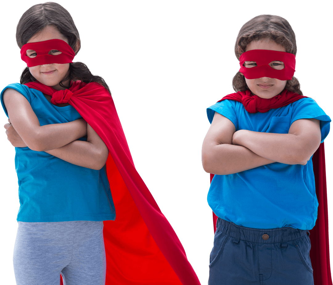 Transparent Twins in Superhero Costumes Displaying Confidence