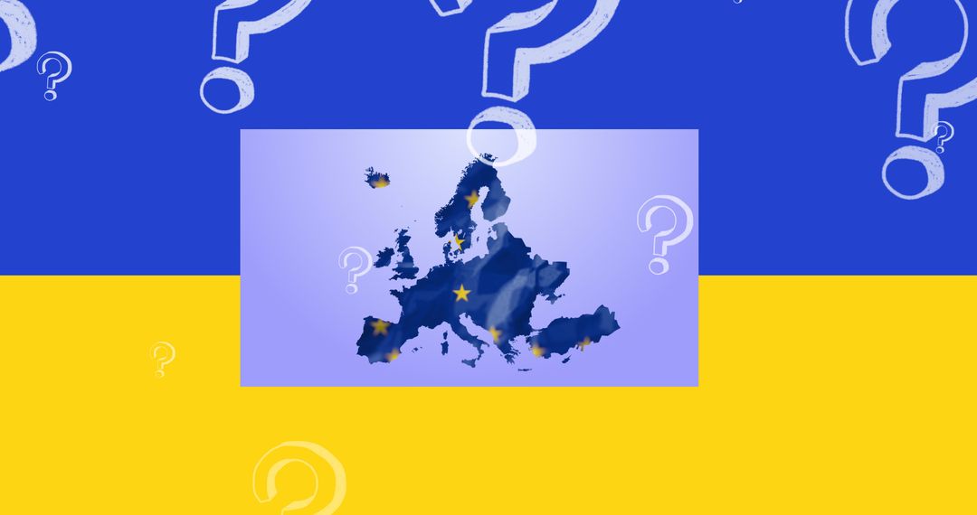 European Map and Ukraine Flag with Floating Question Marks
