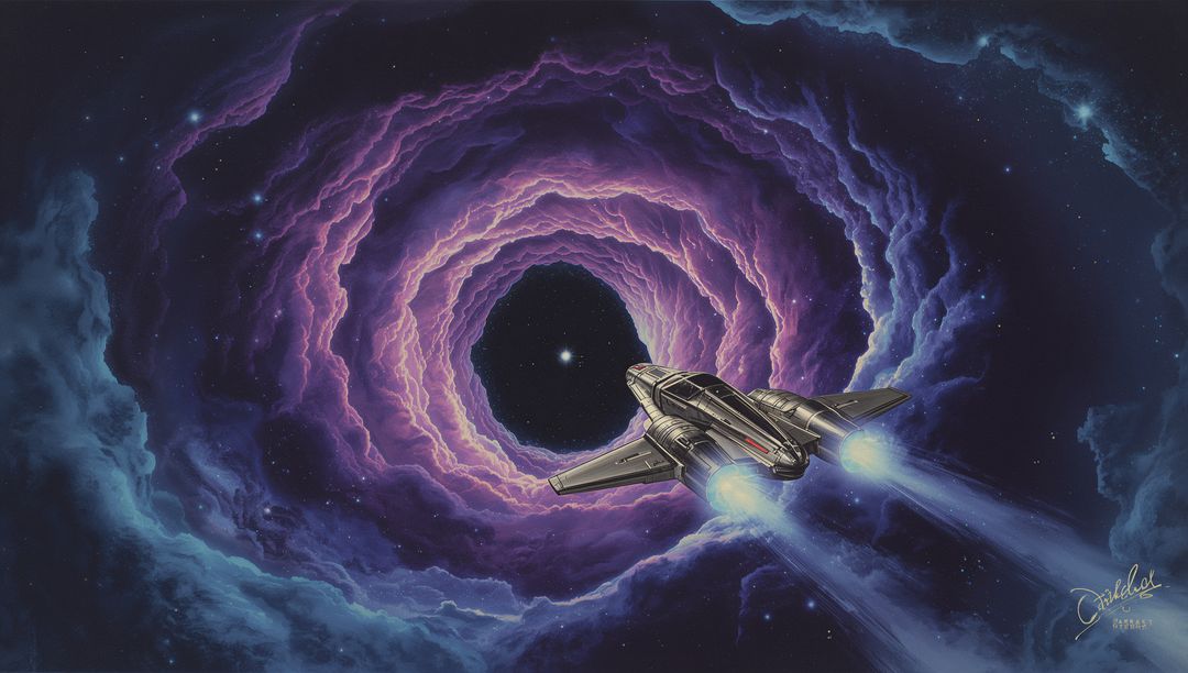 Twin-engine spacecraft heading into purple nebula vortex with glowing blue thrusters