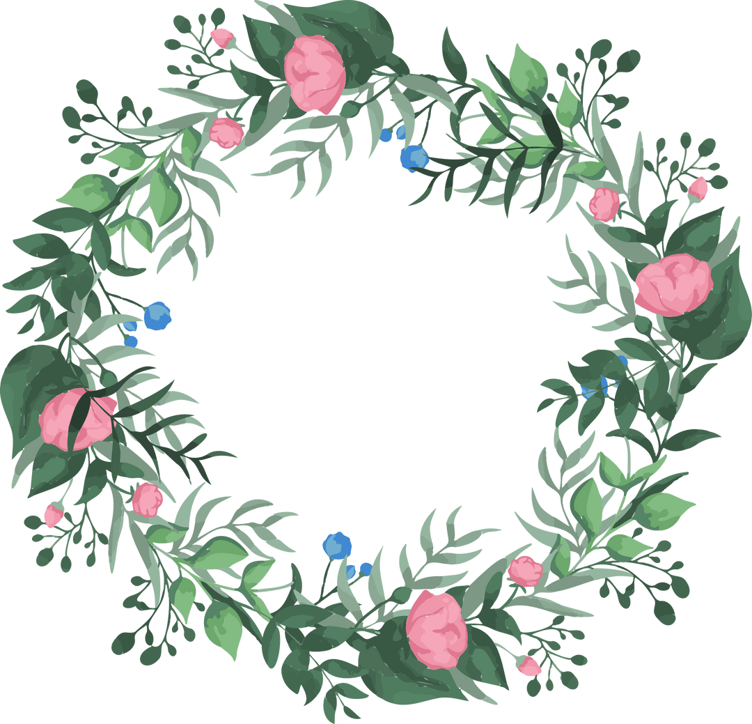 Elegant Floral Wreath with Pink Blooms and Foliage on Transparent Background
