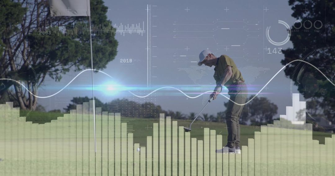 Golfer Preparing Putt with Futuristic HUD Graphics