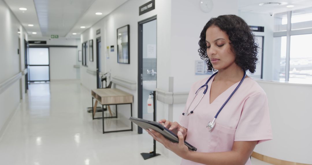 Medical Professional Using Tablet in Hospital Corridor - Free Images, Stock Photos and Pictures on Pikwizard.com