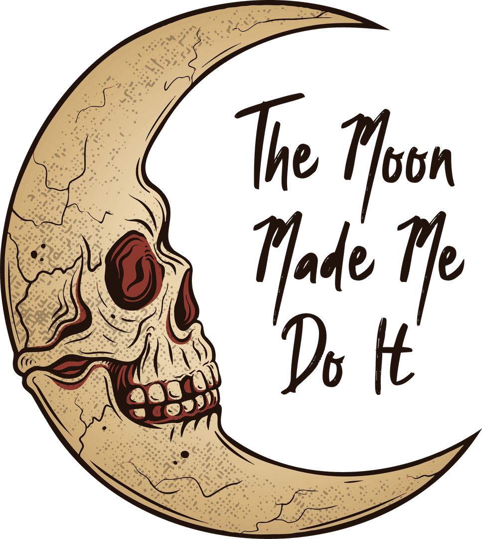Crescent Moon Skull with Mystical Gothic Text on Transparent Background
