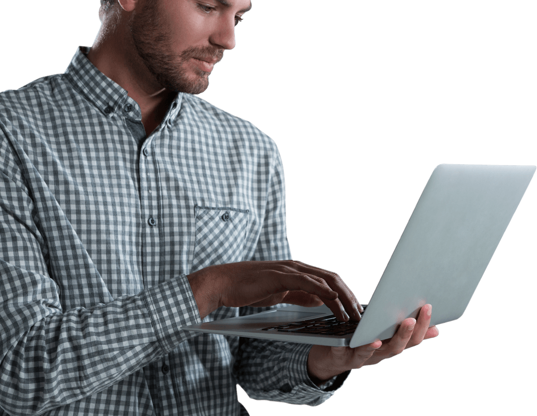 Transparent Image of Young Man Using Laptop in Professional Attire
